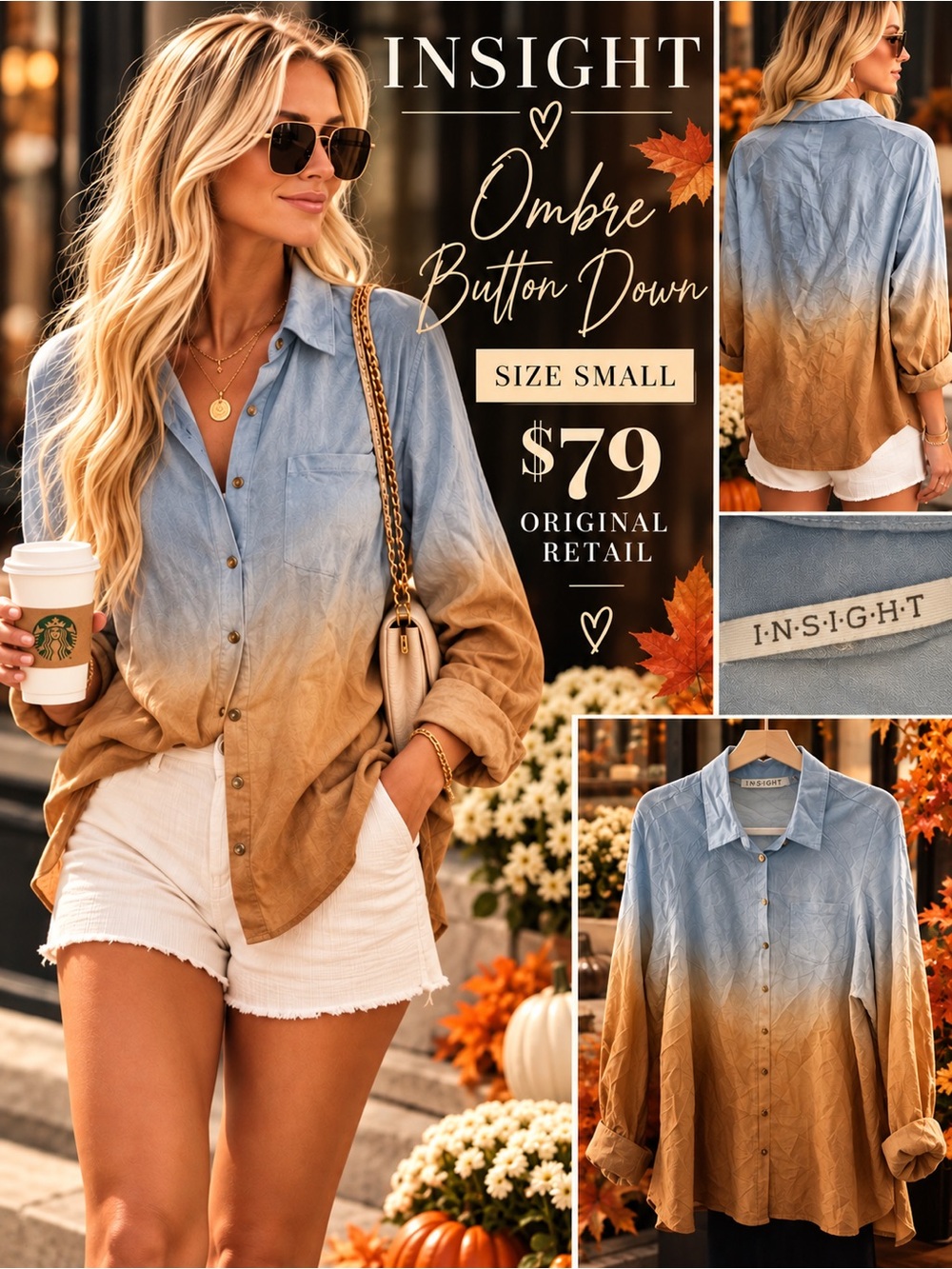 INSIGHT Ombre Button Down Shirt in Blue & Brown Like New